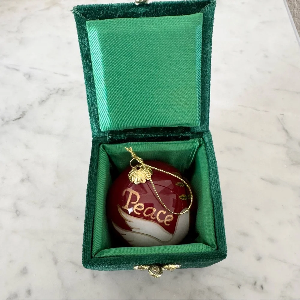 Pier 1 Li Bien Christmas Ornament PEACE Red Ball White Dove 2012 with Box 2 3/4”